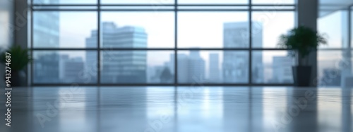 3D rendering of a blurred office background featuring windows in a contemporary commercial interior