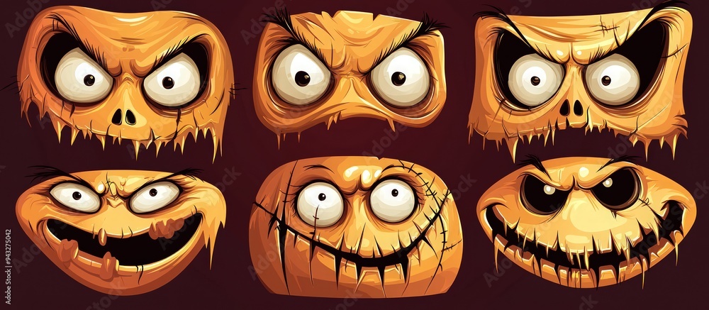 Decorative Halloween collection featuring vectorized eerie facial expressions. Decorative Halloween collection featuring vectorized eerie facial expressions.