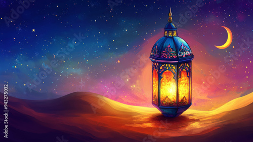 A colorful Ramadan lantern on desert dunes, with a crescent moon and stars, perfect for Eid Mubarak cards and Islamic holiday greetings. --ar 16:9 --v 6.1 Job ID: c1a52aa1-1810-4e9b-bce6-464bc464cc90