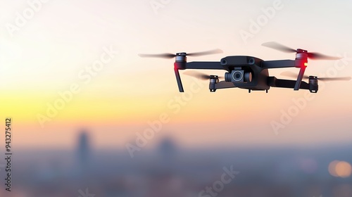 Delivery drone in flight, close up, focus on drone propellers, copy space, futuristic and innovative hues, double exposure silhouette with a cityscape. photo