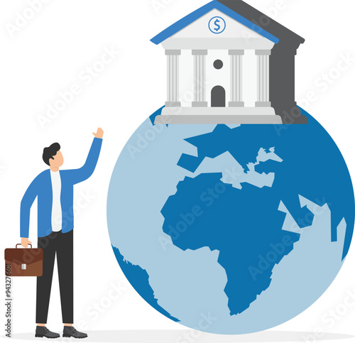 World bank, strong bank standing on planet earth, investing money in the bank, saving money, reliable bank, vector illustration

