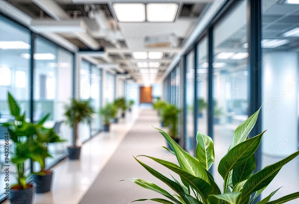 Blur background of modern workplace decorated with green plant. Blurred office corridor with plants and glass walls. Modern office interior concept. Design for poster, wallpaper, banner. Spate, ai Blur background of modern workplace decorated with green plant. Blurred office corridor with plants and glass walls. Modern office interior concept. Design for poster, wallpaper, banner. Spate, ai