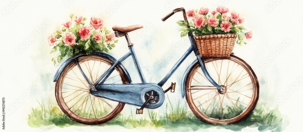 Fototapeta premium Watercolor Illustration of a Bicycle Adorned with Flowers in a Basket