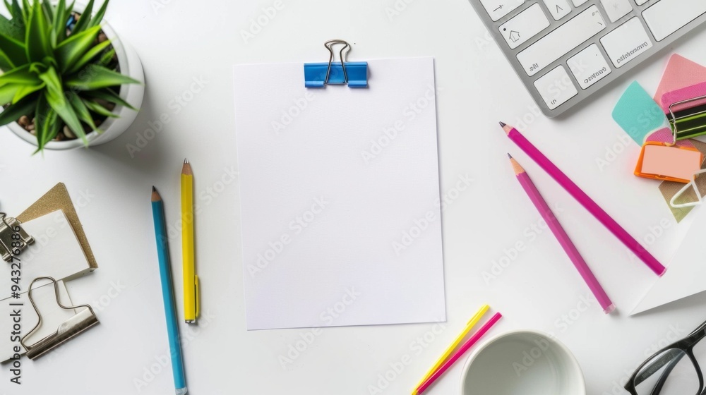 A white piece of paper with a clip on it sits on a desk with a pencil, pen A white piece of paper with a clip on it sits on a desk with a pencil, pen