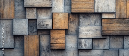 Fototapeta Naklejka Na Ścianę i Meble -  3D rendering of wooden panels stacked in light grey and brown tones for a bright grunge background