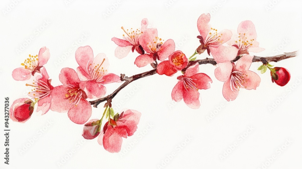 Watercolor illustration of a blossoming plum tree branch Watercolor illustration of a blossoming plum tree branch
