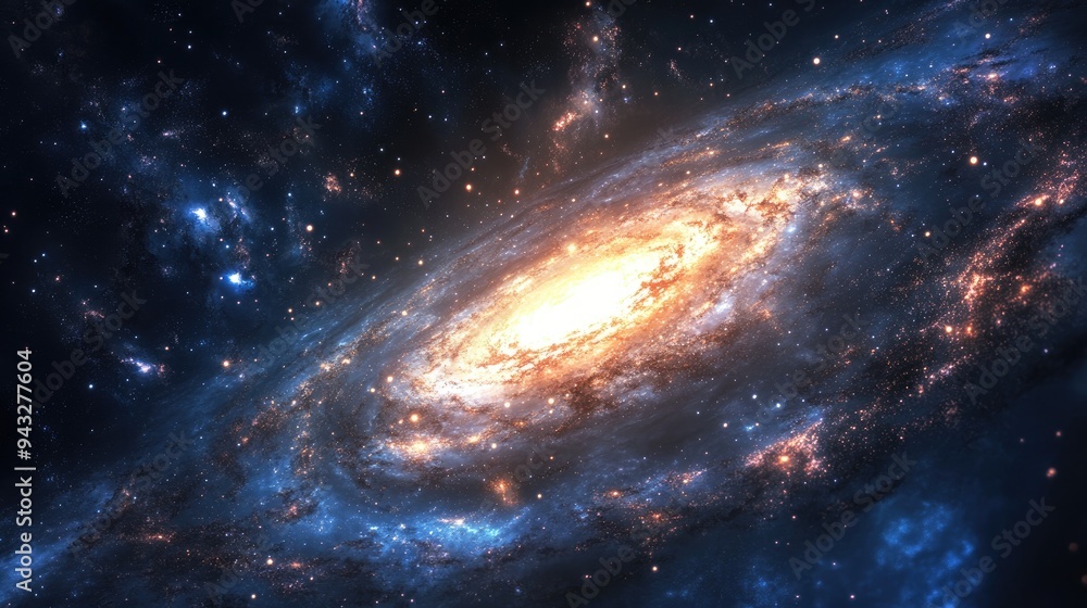 3D cartoon depiction of a galaxy s birth in a starry environment 3D cartoon depiction of a galaxy s birth in a starry environment