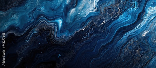 3D rendering of a fluid art painting with a dark blue marble color mix