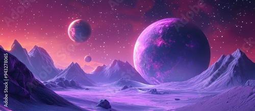Fototapeta Naklejka Na Ścianę i Meble -  3D cartoon depiction of a purple space landscape featuring large planets in a starry sky complemented by meteors and mountains An alien world showcasing nature with a massive planet on the horizon