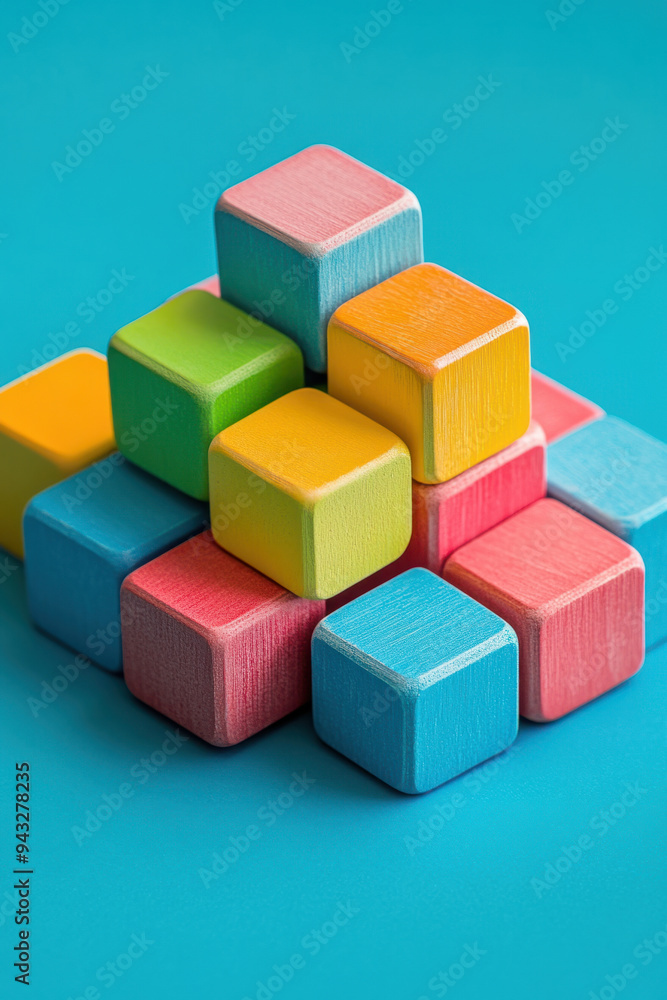 Colorful Cubes, Vibrant cubes arranged playfully on a soft teal background, ideal for modern design projects and educational materials Colorful Cubes, Vibrant cubes arranged playfully on a soft teal background, ideal for modern design projects and educational materials