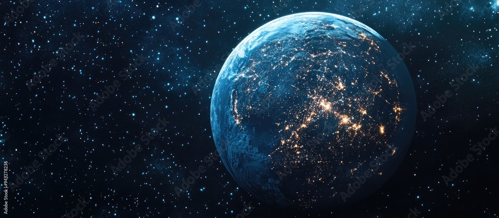3D cartoon representation of a spherical Earth at night in outer space showcasing city lights and the essence of human life as a solar system element 3D cartoon representation of a spherical Earth at night in outer space showcasing city lights and the essence of human life as a solar system element