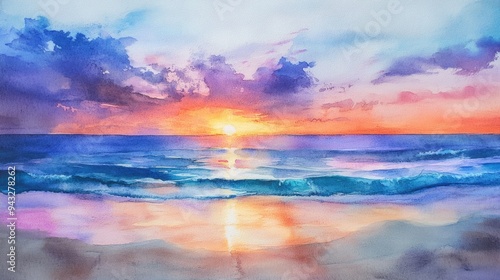 Watercolor illustration of a beach sunset