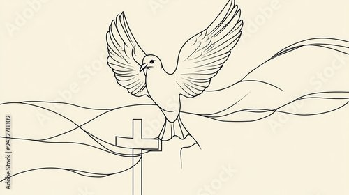 A continuous line drawing of a dove and cross, symbolizing Christianity and religious faith. --ar 16:9 --v 6.1 Job ID: afc46572-bfe5-4205-873d-9f9b2dc9387f photo