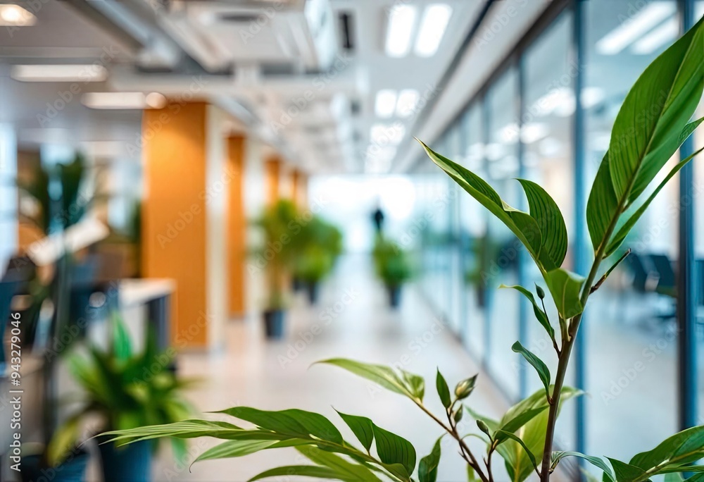 Blur background of modern workplace decorated with green plant. Blurred office corridor with plants and glass walls. Modern office interior concept. Design for poster, wallpaper, banner. Spate, ai Blur background of modern workplace decorated with green plant. Blurred office corridor with plants and glass walls. Modern office interior concept. Design for poster, wallpaper, banner. Spate, ai