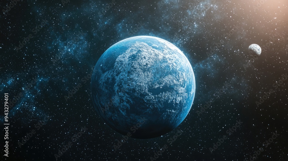 Fototapeta premium Realistic exoplanet rendering of a super earth suitable for colonization with an earth like appearance set against a backdrop of distant planets
