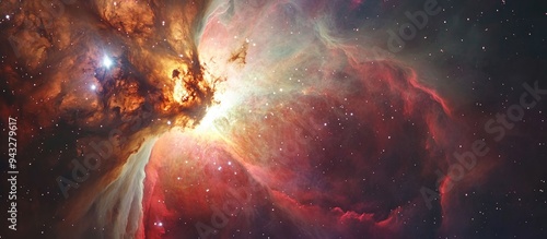 Rendered in 3D a cartoon depiction of the Orion Nebula featuring the Running Man Nebula positioned above