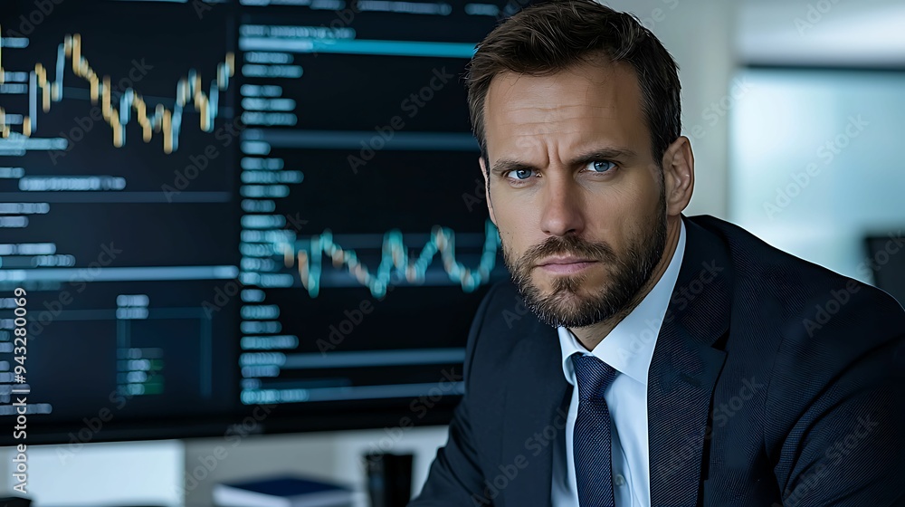 Serious Financial Advisor Explaining Market Crash in Professional Setting with Copy Space for Text Serious Financial Advisor Explaining Market Crash in Professional Setting with Copy Space for Text