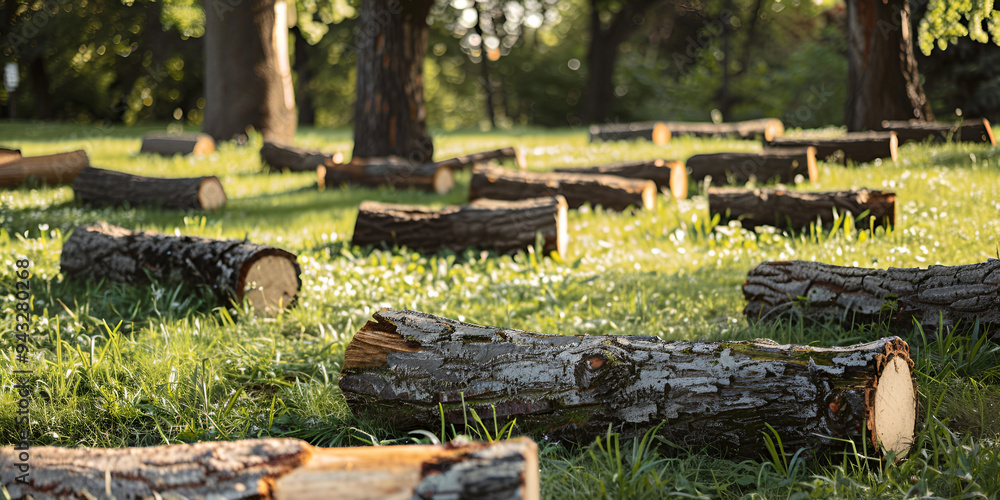 The image shows a collection of tree stumps in a grassy area, possibly in a park or a forest.
The image shows a collection of tree stumps in a grassy area, possibly in a park or a forest.