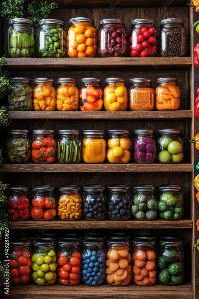 custom made wallpaper toronto digitalFresh Produce, Vibrant fruits and vegetables arranged on a wooden shelf, accompanied by jars of colorful spices, creating a fresh and inviting display