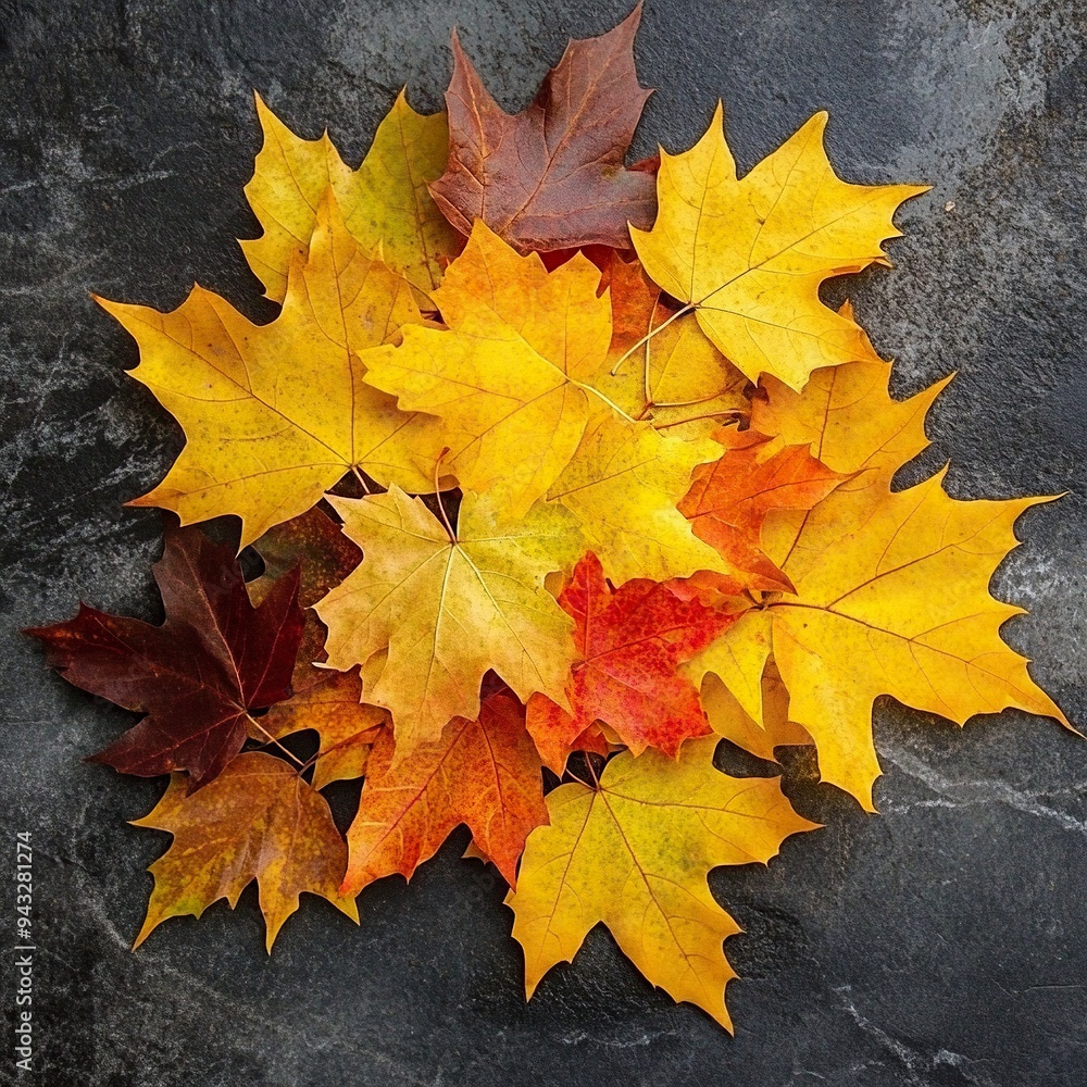 autumn themed compositions - isolated bouquets of natural leaves, single maple leaves, abstract pile of maple leaves of yellow, orange, red colors background. generative ai