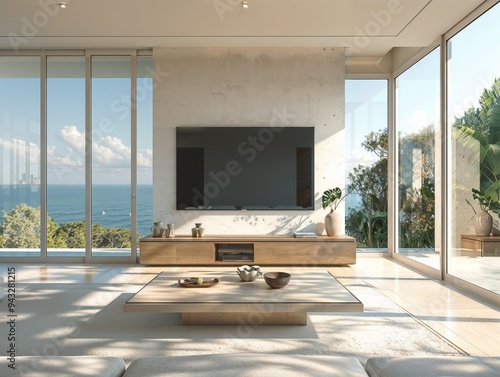 Modern TV Above Credenza with Seaview in Mediterranean Style
