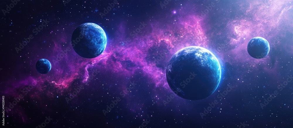 Fototapeta premium Bright interstellar nebulae in space featuring 3D cartoon rendering of planets near cosmic dust and distant Earth like worlds set against a starry background