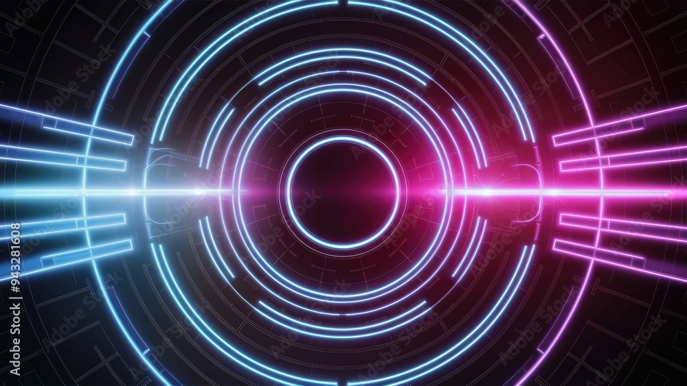 Abstract tech background featuring blue and purple neon circular laser beams Abstract tech background featuring blue and purple neon circular laser beams
