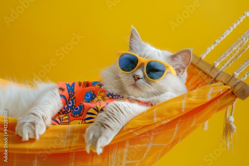 Cute cat in vibrant sunglasses relaxes in a colorful hammock. This fun image captures a joyful summer vibe. Perfect for pet lovers and seasonal content. Generative AI photo