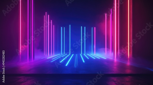 3D rendered abstract geometric background featuring glowing vertical lines in a dark setting Neon equalizer graph on an empty stage with a blue red gradient and ultraviolet light Modern minimalist