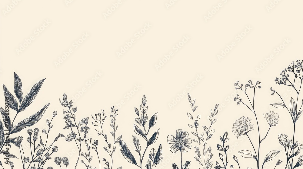 Botanical leaf and wildflower line art doodle on a light backdrop Botanical leaf and wildflower line art doodle on a light backdrop