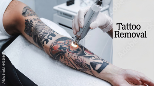 Laser tattoo removal procedure on man's arm in clinic. Modern cosmetology, beauty and technology concept for laser tattoo removal services. Image with copy space for medical and beauty businesses