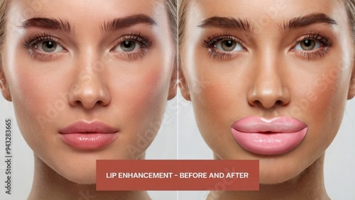 Side-by-side comparison of young woman before and after lip enhancement. Left side shows natural lips, while right side showcases significantly plumper lips, illustrating results cosmetic procedure photo