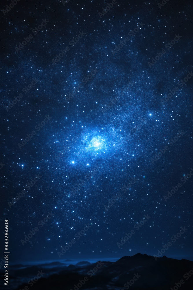 Obraz premium Night Sky Nebula, A breathtaking view of a starry night sky featuring a stunning blue nebula, perfect for showcasing the beauty of the cosmos