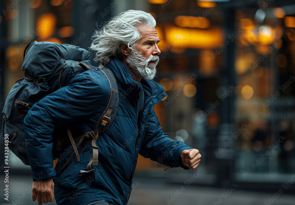 Middle-aged man with gray beard runs energetically through urban square carrying a bag during morning commute Middle-aged man with gray beard runs energetically through urban square carrying a bag during morning commute