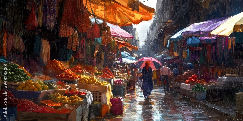 Obraz premium Rainy market street with colorful stalls and people.