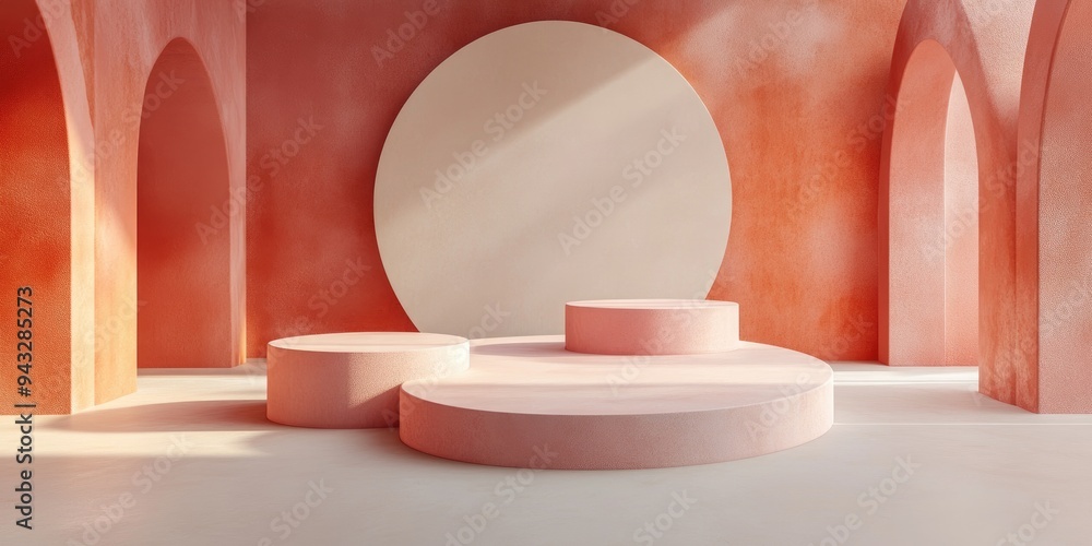 3D rendering of an abstract geometric shapes studio featuring pedestals on the floor designed as a platform for product presentation with minimal design elements in the background 3D illustration 3D rendering of an abstract geometric shapes studio featuring pedestals on the floor designed as a platform for product presentation with minimal design elements in the background 3D illustration