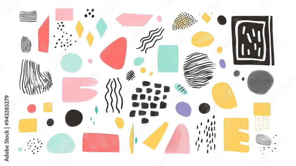 Collection of hand drawn elements featuring abstract geometric shapes on a white background Colorful freehand illustration Collection of hand drawn elements featuring abstract geometric shapes on a white background Colorful freehand illustration