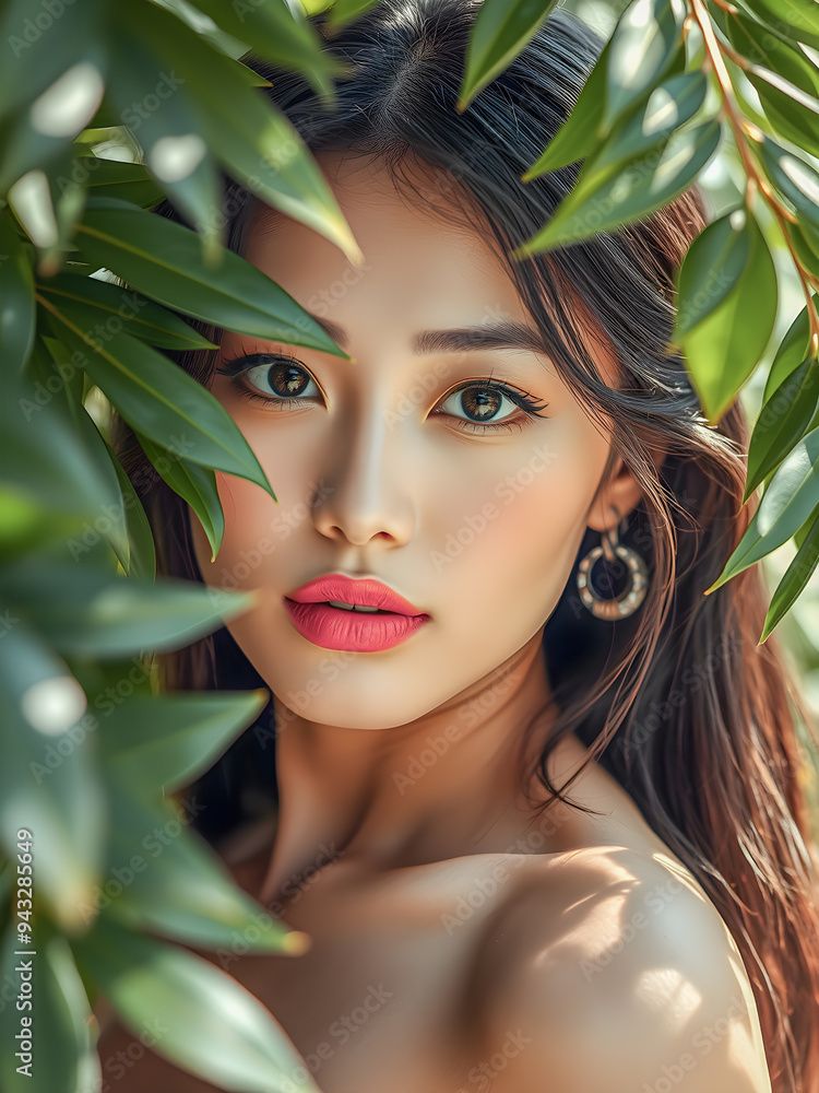 Beauty portrait of woman with natural makeup and sensual eyes, sexy lips, nude with bare shoulder, surrounded by palm frond leaves. Amazing natural portrait, gorgeous Asian girl closeup. AI generated Beauty portrait of woman with natural makeup and sensual eyes, sexy lips, nude with bare shoulder, surrounded by palm frond leaves. Amazing natural portrait, gorgeous Asian girl closeup. AI generated