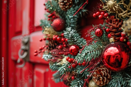 Festive Christmas Door Decoration: Celebrate the Holidays with Cheerful and Colorful Closeup Decor