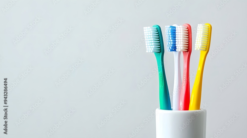 A collection of toothbrushes in various colors and shapes is depicted inside an isolated white cup on a clean background, representing the diversity that comes with using different types of brushes fo A collection of toothbrushes in various colors and shapes is depicted inside an isolated white cup on a clean background, representing the diversity that comes with using different types of brushes fo