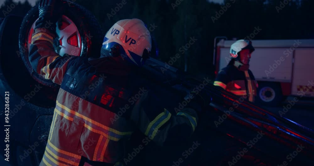 Traffic Accident with a Rolled Car at Night. Emergency Services Rescue Team Inspecting an Overturned Compact Vehicle in the Dark. Firefighters Making Sure that the Car in Not on Fire Traffic Accident with a Rolled Car at Night. Emergency Services Rescue Team Inspecting an Overturned Compact Vehicle in the Dark. Firefighters Making Sure that the Car in Not on Fire