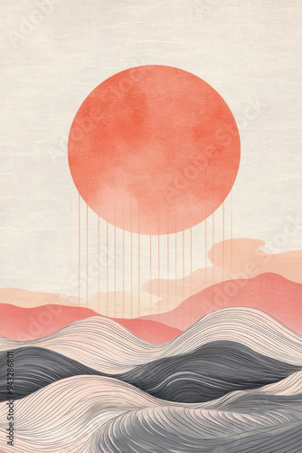 Pastel Sun Illustration, A calming illustration featuring a sun design with soft waves and lines, all in gentle pastel colors against a tranquil background