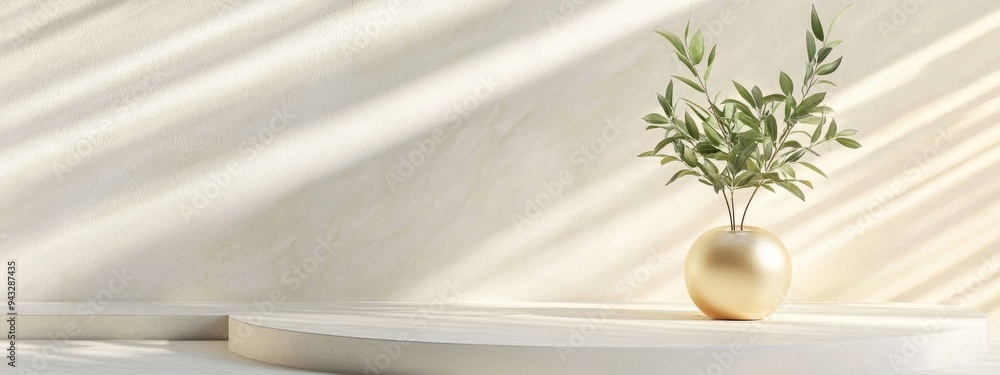 3D rendered geometric background featuring a pedestal and a plant Minimalist modern design in white and gold tones 3D rendered geometric background featuring a pedestal and a plant Minimalist modern design in white and gold tones