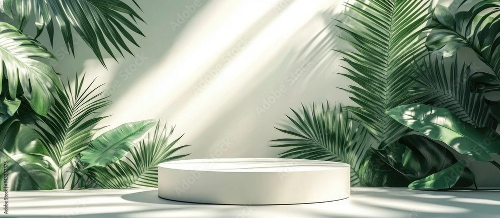 3D rendered podium display with shadows set against a light background surrounded by green tropical leaves Abstract nature inspired backdrop suitable for product advertising spa treatments relaxati 3D rendered podium display with shadows set against a light background surrounded by green tropical leaves Abstract nature inspired backdrop suitable for product advertising spa treatments relaxati