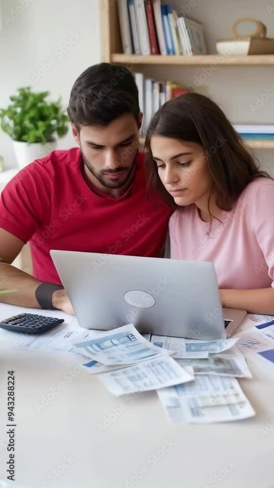 custom made wallpaper toronto digitalA young Couple with a calculator and bills to pay, with a laptop open on the dining table.