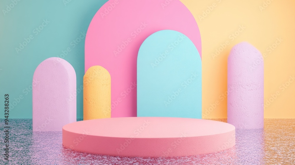 3D rendering of an abstract platform featuring a minimal pastel podium display 3D rendering of an abstract platform featuring a minimal pastel podium display
