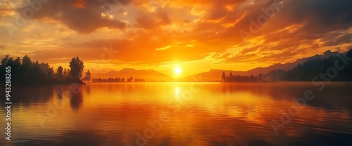 A stunning sunset over a still lake, casting an orange glow across the water and reflecting in the sky.