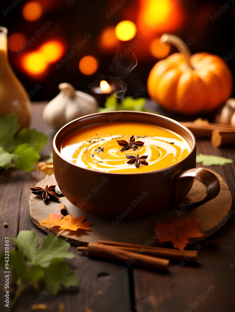 Delicious pumpkin puree soup in a bowl on wooden table, blurry background Delicious pumpkin puree soup in a bowl on wooden table, blurry background
