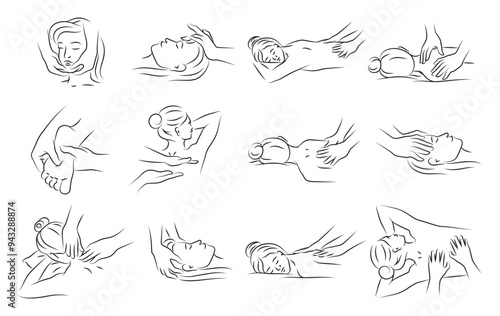 Body and face beauty spa massage black minimalist line icon set vector illustration