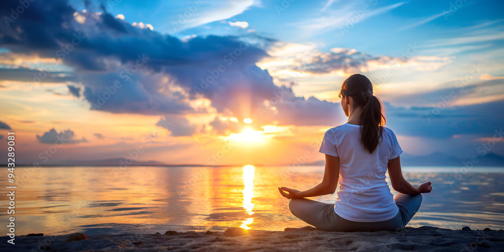 A woman meditating on a beach during a sunset. She is wearing a white shirt and sitting in a cross-legged position A woman meditating on a beach during a sunset. She is wearing a white shirt and sitting in a cross-legged position